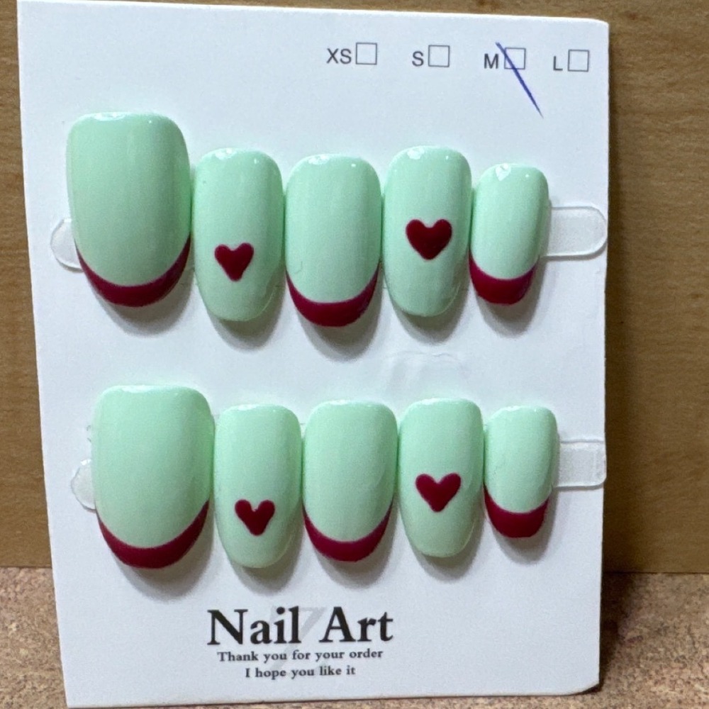 Mint‎ Green Red Heart French Tip Press On Nails Medium Square Handmade Nail Art